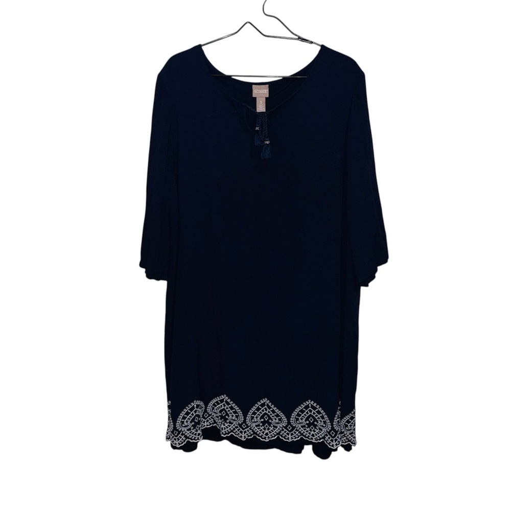 Chico's Navy Blue Relaxed Lagenlook Bohemian Crochet Tassel Tunic Dress